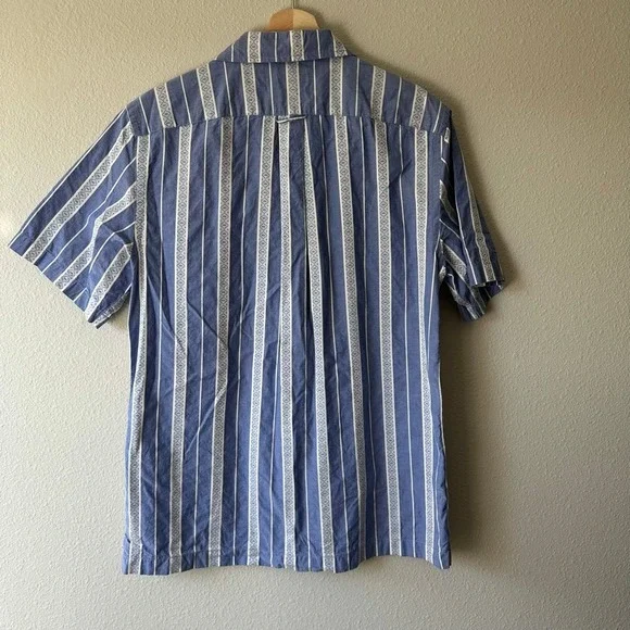 Todd Snyder Mens Blue White Striped Short Sleeve Camp Shirt Cotton Size M
